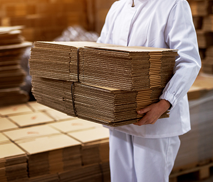 a person carrying a stack of cardboard boxes